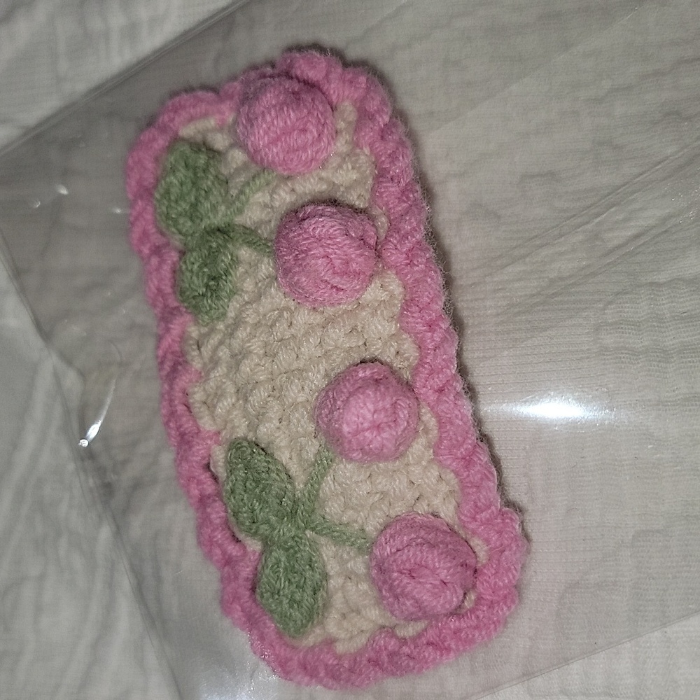 Handmade Unique New Crochet Hair Clip with Pink and Green Cherry Accents
